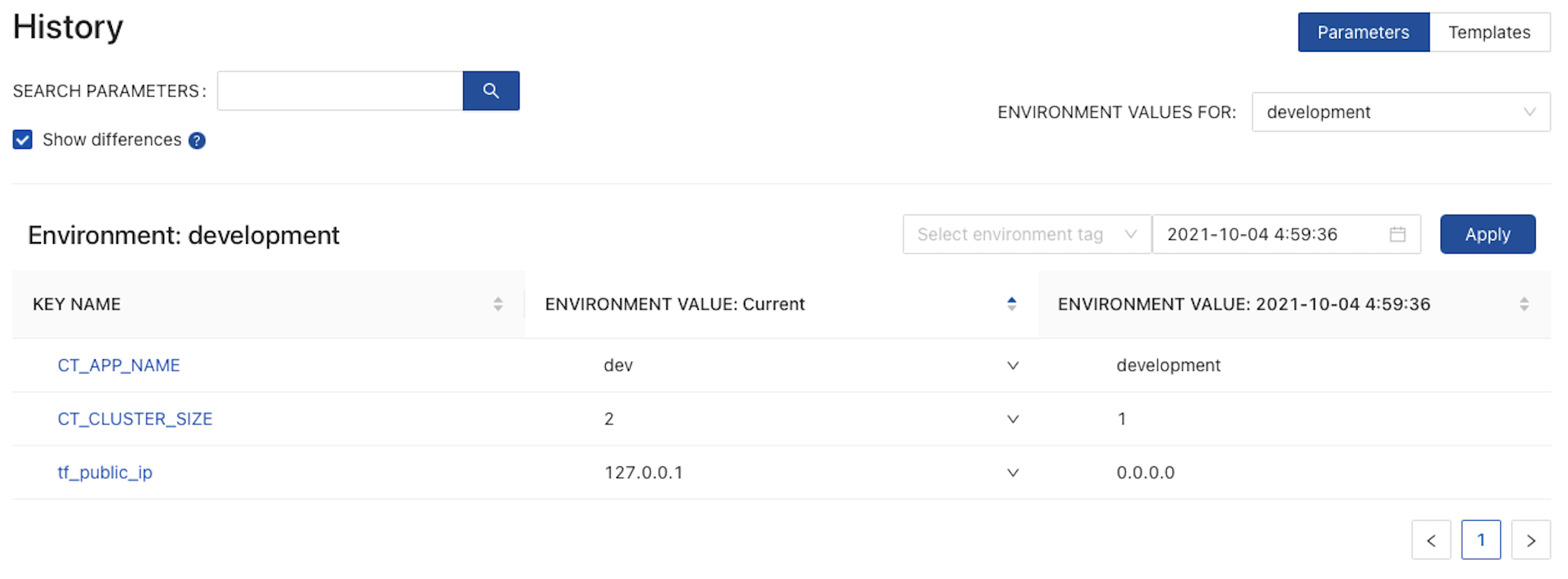 Screen capture from CloudTruth web app highlighting show differences for versioning feature